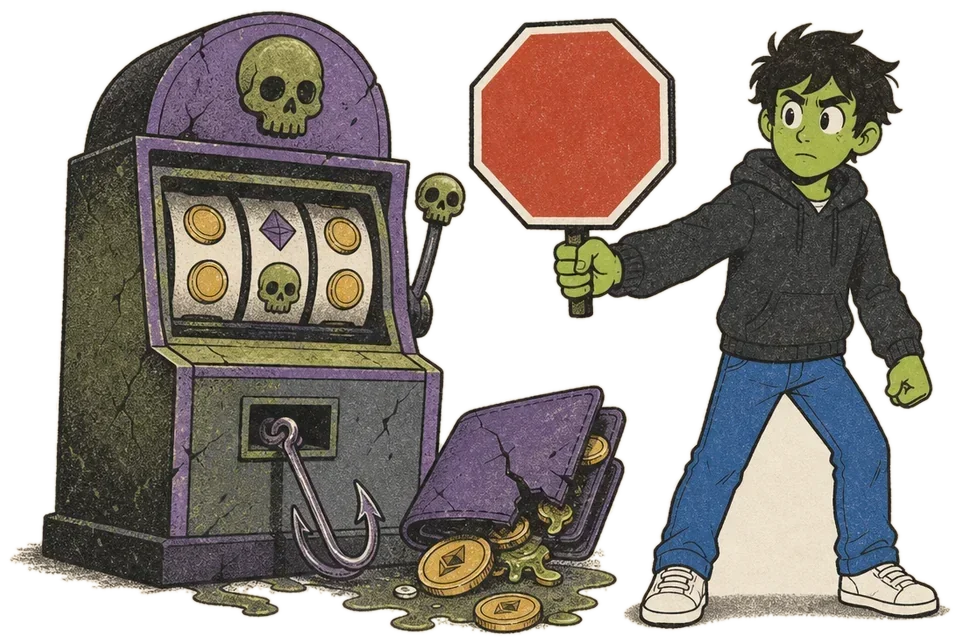 A shady slot machine and a broken crypto wallet next to a stop sign