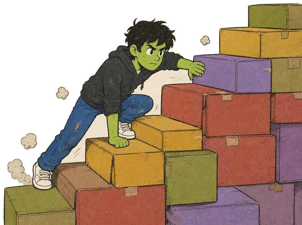 Danny getting back up on a staircase of boxes
