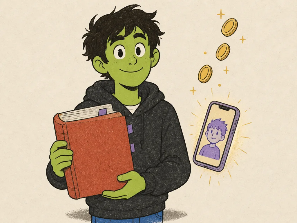 Danny holding a guide he made, with an avatar on his phone