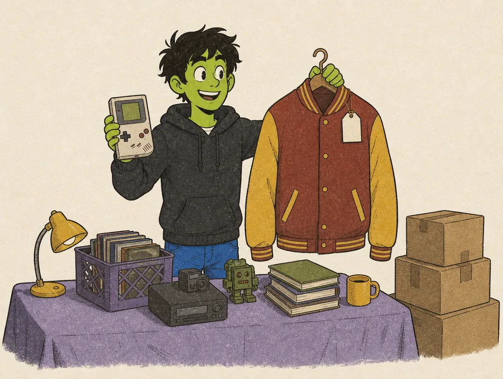 Danny at a flea market with a retro console and a vintage jacket