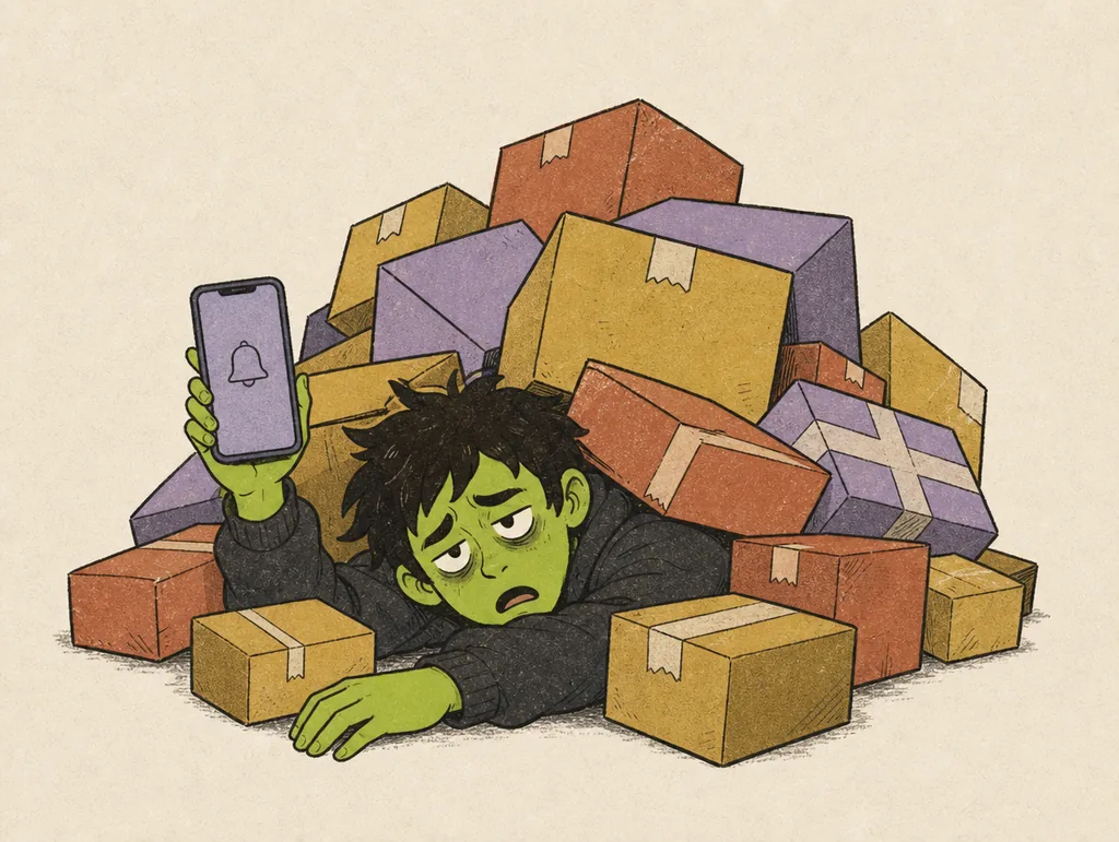 Danny half-buried under shipping boxes