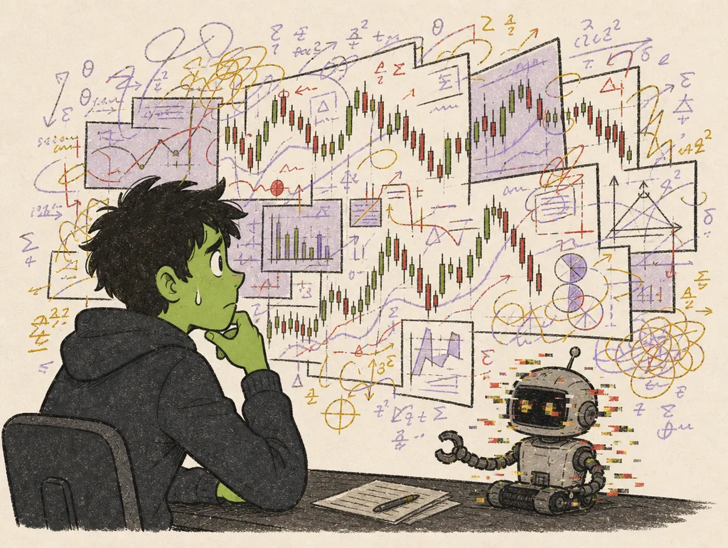 Danny staring at a wall of charts and formulas