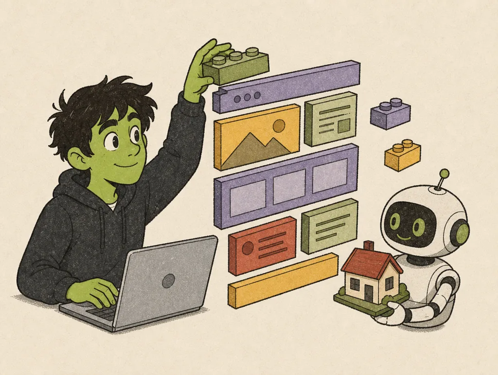 Danny building a website from blocks with a robot helper